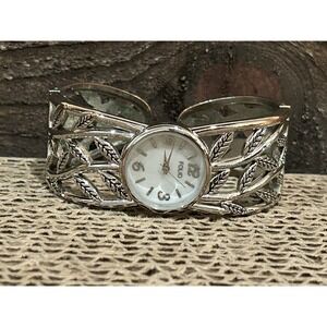 Folio Artisan Leaf Cuff Watch - Ladies - Silvertone Bracelet Cuff Watch Working